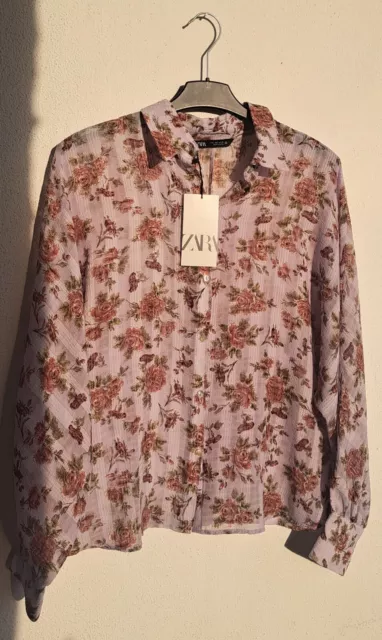 Zara Bluse Hemd L mit Blumen Rosen Karo Muster Bunt Flieder Lila Neu