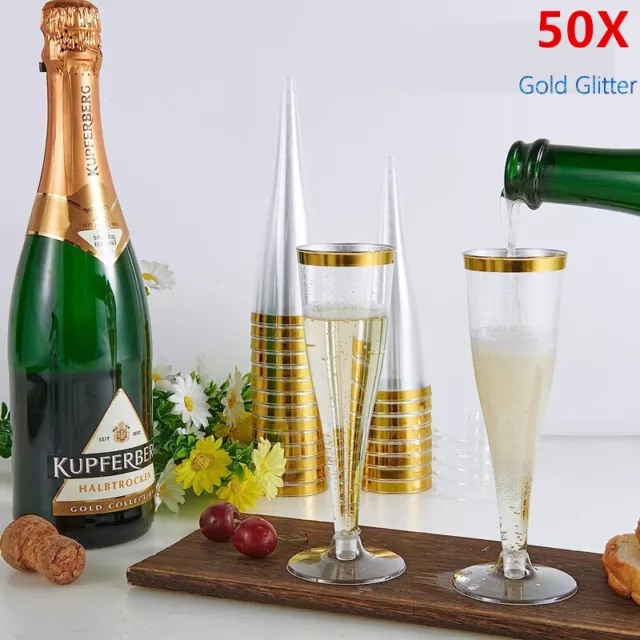 50x Champagne Flutes Disposable Gold Rim Toasting Glasses Shatterproof BPA-Free