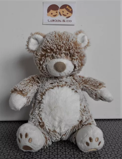 DOUDOU PELUCHE TEX BABY OURS MARRON BLANC / BEIGE CHINE EMPREINTES 22 cm D1074