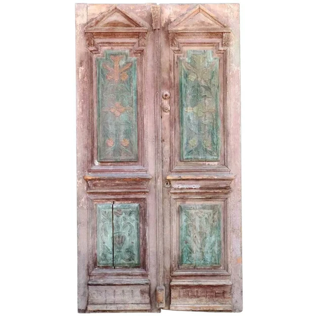 Antique Rustic French Style Painted Pine Double Door 19th century