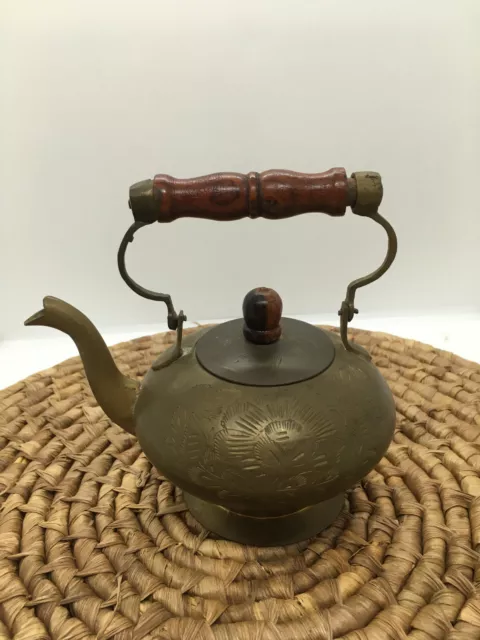 Vintage Small Brass Tea Pot Etched Floral Designs Made in India