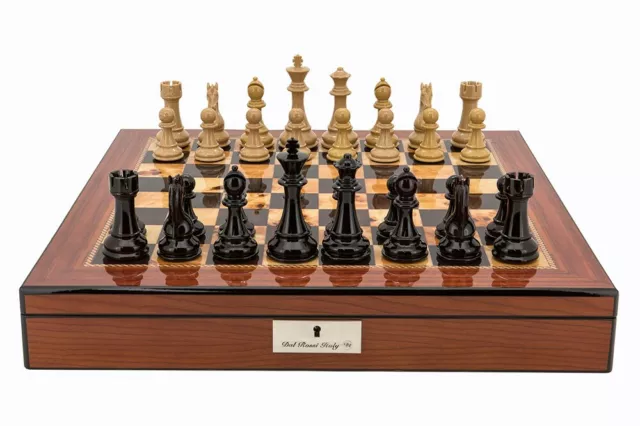 Dal Rossi Chess Set Ebony/Wood Finish w 50cm Walnut Finish Board Storage