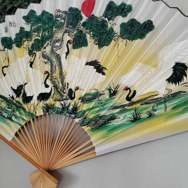 Vintage Pine And Storks Chinese Fan ART Bamboo 98x49" Long Life