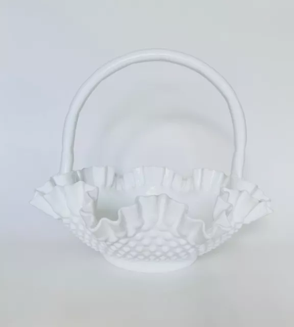 Vintage Fenton Handled Basket Bowl White Milk Glass Hobnail Ruffled Edges Large