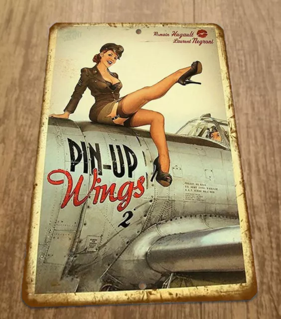 Romain Hugault Airplane Vintage Look Pin Up Wings Girl 8x12 Metal Wall Sign