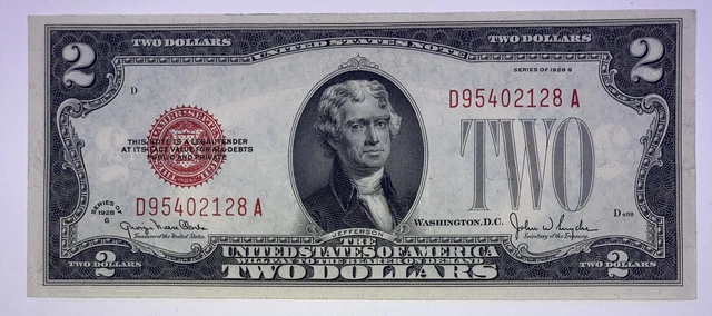 1928 ($2) Two Dollar Legal Tender Red Seal Crisp Clean Bold Colors Uncirculated 2