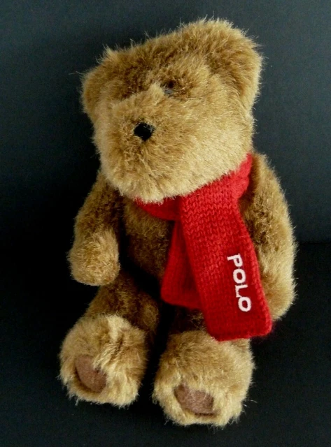 i1. DOUDOU PELUCHE OURS POLO MARRON ECHARPE ROUGE RALPH LAUREN 2001 - 22cm TTBE