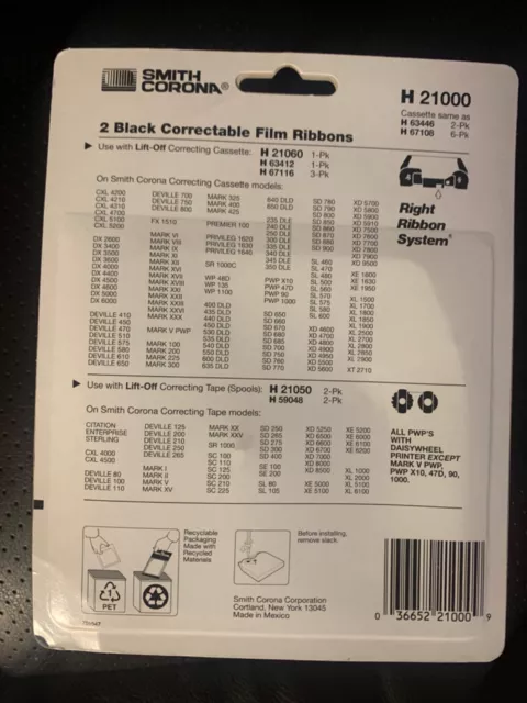 Smith Corona H 21000 Typewriter Correctable Film Ribbons sealed 2 Pack H63446