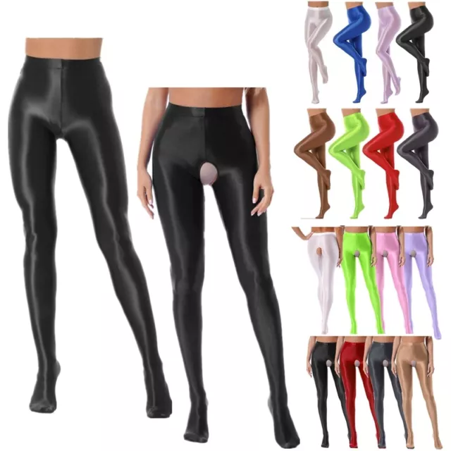 Femme Collants Ouvert Entrejambe Brillante Huile Leggings Taille Haute Pantalon