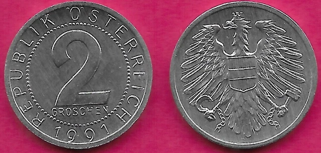 Austria 2 Groschen 1991 Unc Imperial Eagle With Austrian Shield On Breast,Holdin