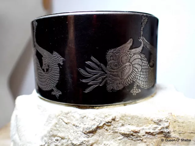 Thai Siam Niello Bangle Silver Bracelet Wide Dragons Ethnic Vintage ~