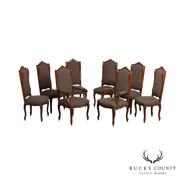 French Louis XV Style Set 8 Walnut High Back Dining Chairs