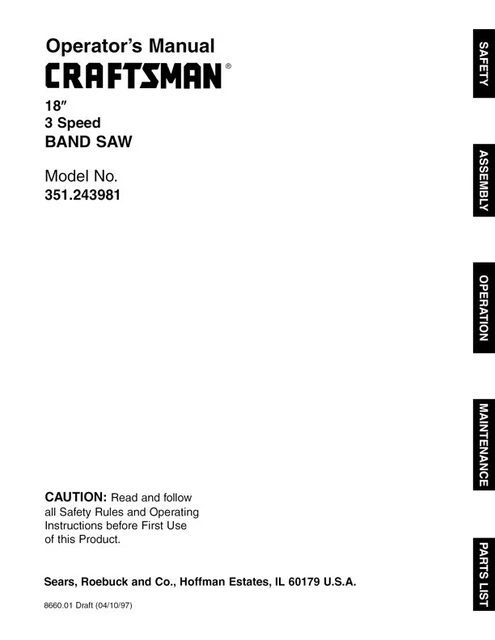 Owner's Manual & Parts List  Sears Craftsman 18" Band Saw - Model 351.243981