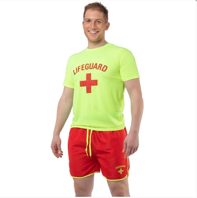 Kids Beach Boy Lifeguard Costume – Red & Yellow Fancy Dress Shirt & Shorts Set