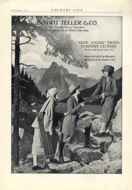 3 lady golfers on the rocks Glen Logan Tweed Clothes: Bonwit Teller ad 1921