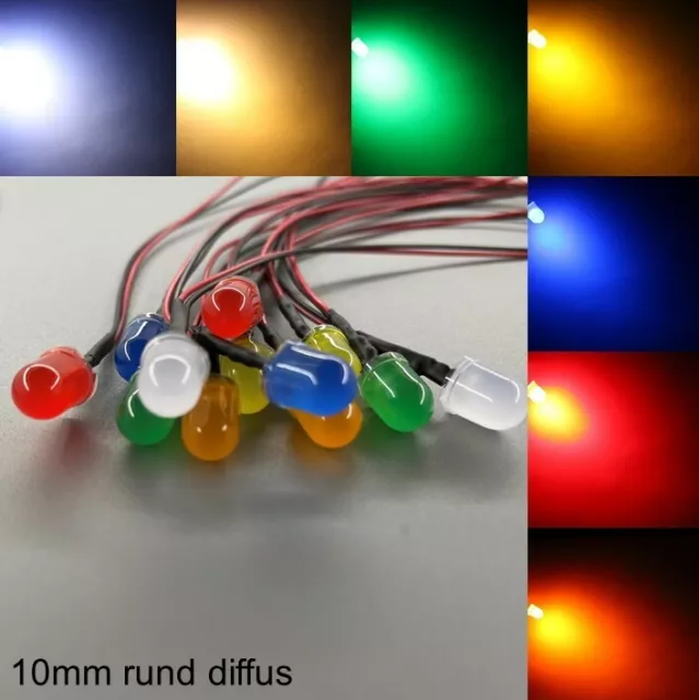 verkabelt 10mm LEDs rund diffus alle Farben 10 mm LED Widerstände +