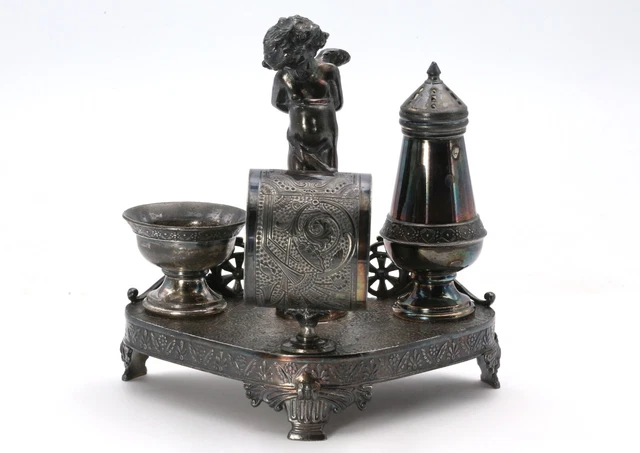 James Tufts Floral Pat Silver Combination Set w/Shaker, Salt Cellar, Napkin Ring
