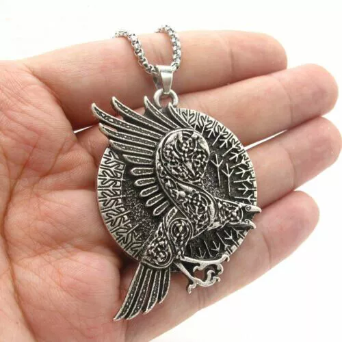 Mens Norse Viking Talisman Amulet Raven Crow Pendant Necklace Stainless Steel