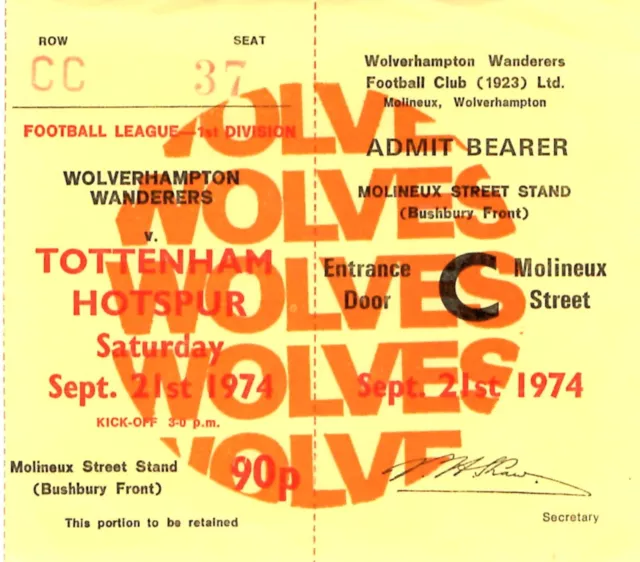 TICKET STUB - WOLVES v TOTTENHAM HOTSPUR - 21/09/1974