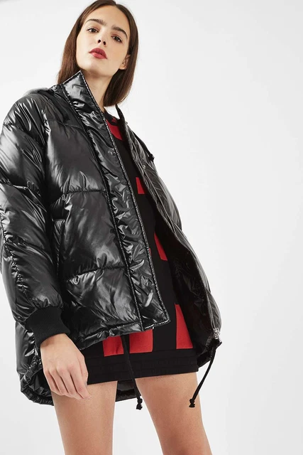TOPSHOP BLACK HOODED WET LOOK PUFFER JACKET. UK 8. SHINY VINYL COAT WITH HOOD 49.99 PicClick UK