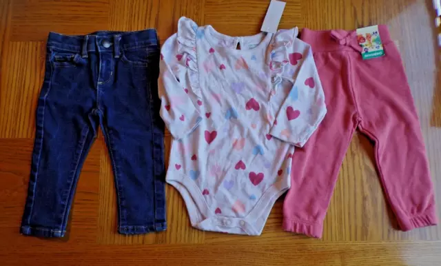 New with Tags Baby Girl's 12 Months Darker Denim Jeans & Pink L/S Top & Pants
