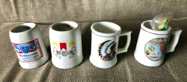 4 Mini Stein Mugs Budweiser, Michelob, Florida, Indian Beer Shot Glasses