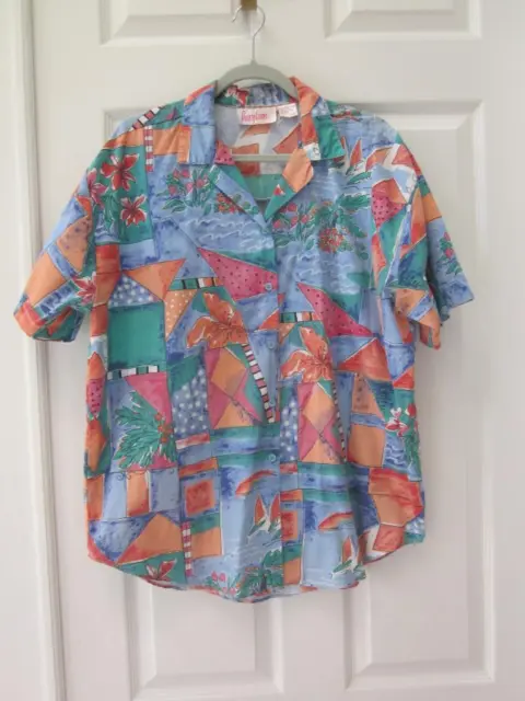 VTG 80'S PENNY LANE Multi Color Palm Tree & Flower Print Hawaiian Shirt Top Sz L