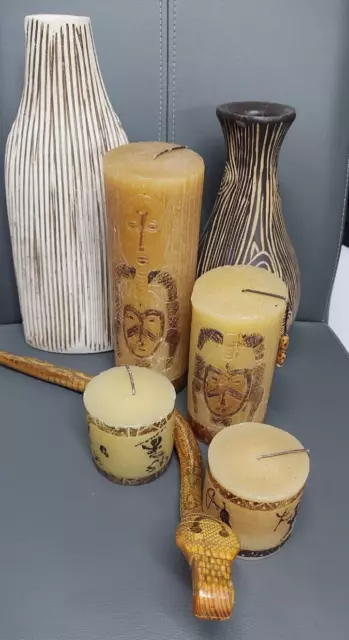 Afrikanisches Dekoset mit 4 Kerzen 2 Vasen 1 Holzschlange
