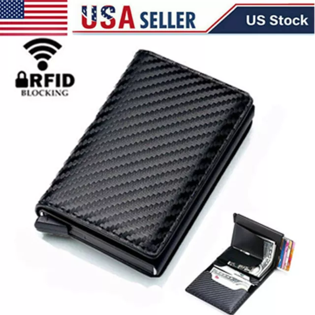 RFID Blocking LEATHER CARBON FIBER Mens Wallet Purse Slim ID Credit Card Holder