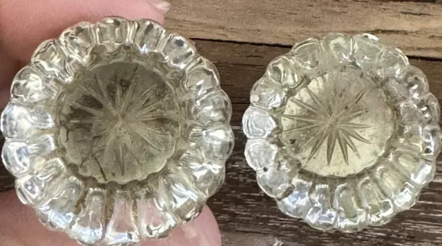 Set Of Two Vintage Glass w Star Pattern & Brass Drawer 1.25” Furniture Pulls