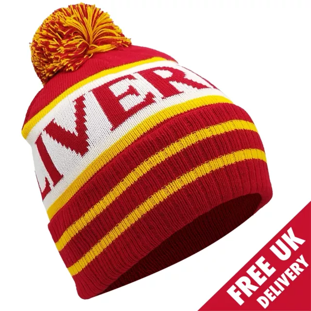 Liverpool Bobble Hat Red, White & Yellow Adult Size - Ribbed Cuff -Football Gift