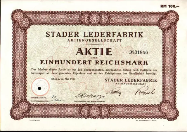 Stader Lederfabrik Aktiengesellschaft 1931 100 RM