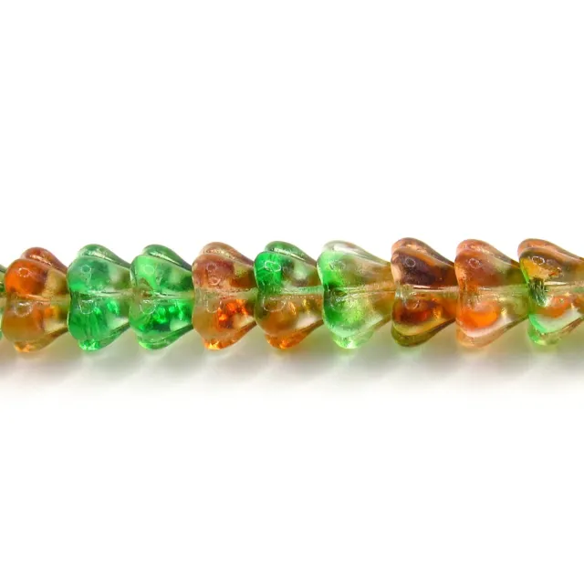 Dual Coated Peach Pear Green Bell Flowers - 25 8x6 mm Czech Glass Pressed Beads