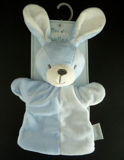 NA. DOUDOU PLAT MES PETITS CAILLOUX LAPIN marionnette Blanc bleu 100% NEUF