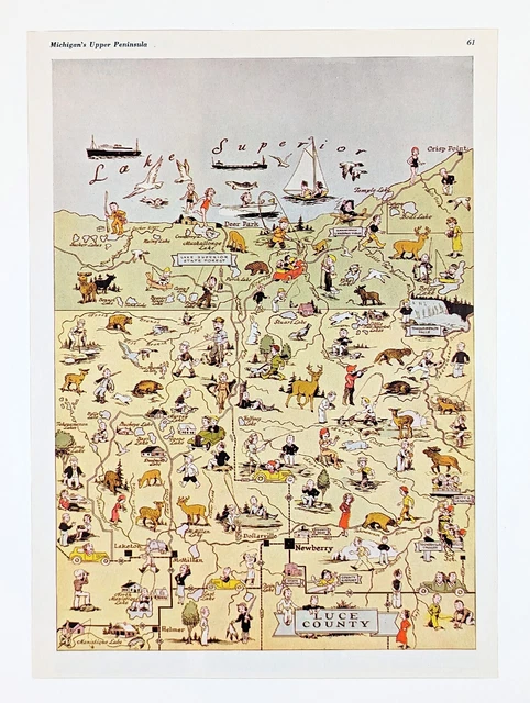 1936 Upper Peninsula Luce County Pictorial Map Michigan Lake Superior Newberry