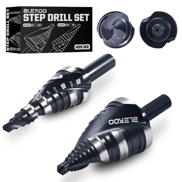 Step Drill Bits, Total 27 Sizes, Double Spiral Fluted 7/8" to 1-3/8" 2 PCS Set
