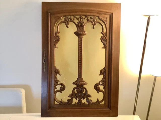 Antique French wood door carved with opaque glass early 20th century buffet