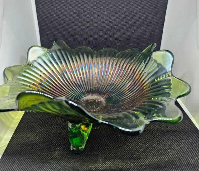 Marked Northwood Green Carnival Glass Compote - Rare "Fern" Pattern