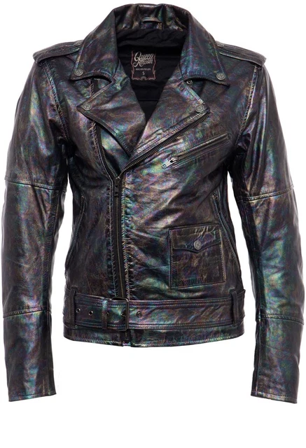 Giacca di pelle Queen cherosene con colletto da motociclista e cintura sull'orlo QK5201822108 madreperla