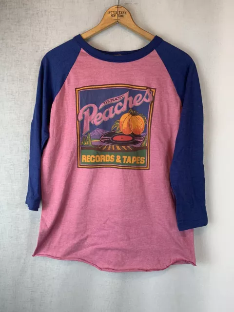 Vintage Peaches Record & Tape Baseball Tee Pink & Blue “its peachy” Sz LG