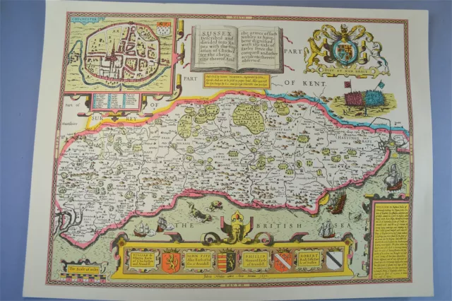 Vintage decorative sheet map of Sussex Chichester town plan John Speede 1610