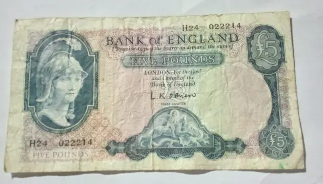 £5 Bank of England 1950s LK O'Brien Chief Cashier. Genuine Note. Low grade