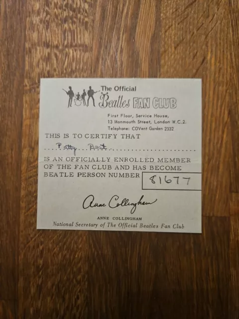 Original Beatles Fan Club 1966 Membership Card