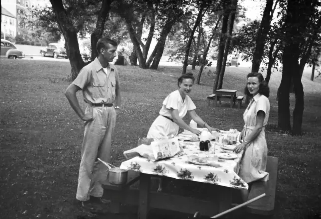 Vintage 1940s Photo Negative of a Pretty Woman Man Couple having Picnic at Park