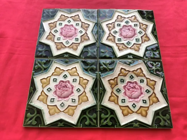 4 Piece Lot Old Art Flower Design Embossed Majolica Ceramic Tiles England 0271 2