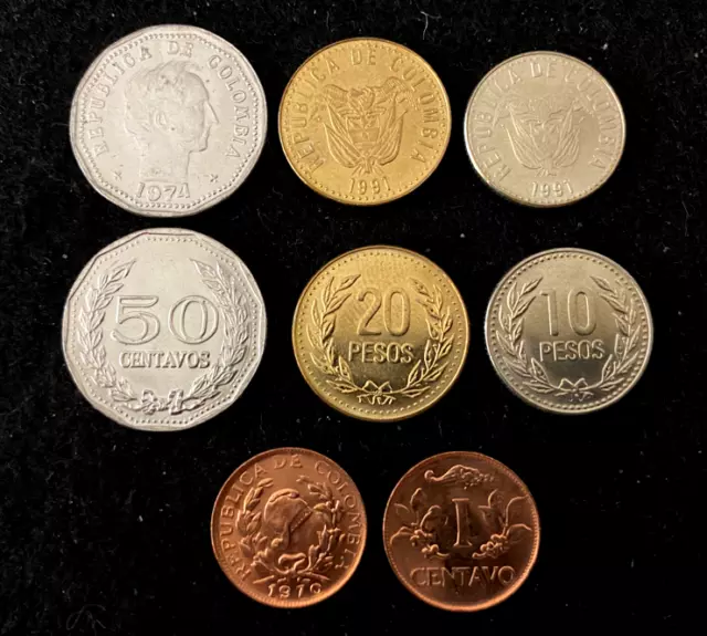 Colombia 4 Coins Set 1 Centavo, 10 Pesos, 20 Pesos,  50  Centav UNC World Coins