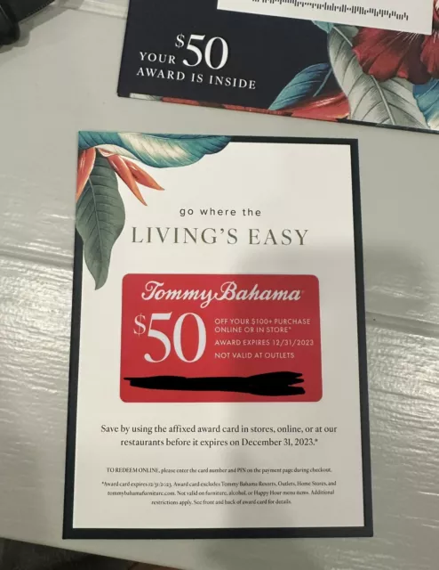 TOMMY BAHAMA COUPON Reward Gift Card 50 off 100 STORE AND ONLINE