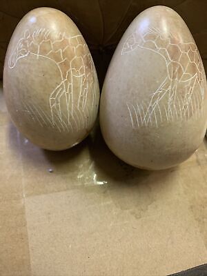 2 Hand Carved SoapStone Eggs African Giraffe  Artisan Etched in Kenya