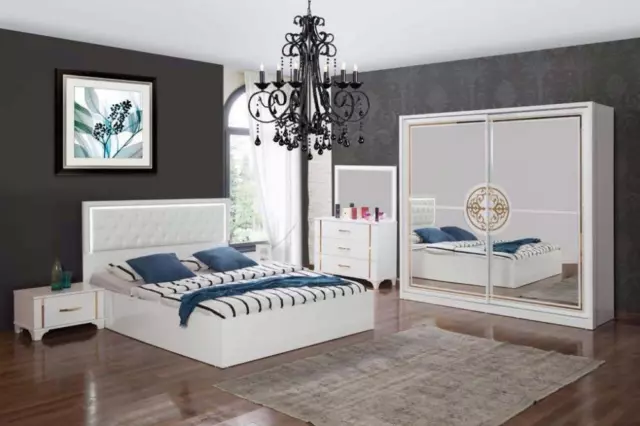 Luxe Blanc Chambre à Coucher Set Lit Chesterfield Nachttische Commode 5tlg