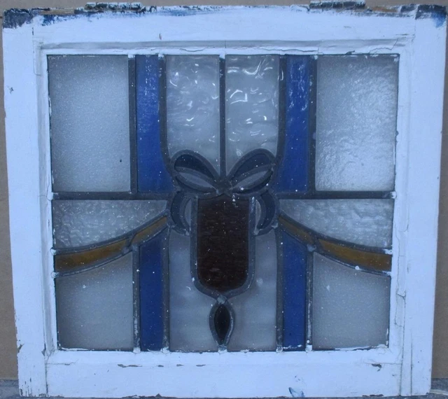 OLD ENGLISH LEADED STAINED GLASS WINDOW Pretty Bow 20.5" x 19"